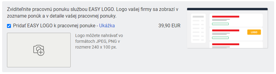 Easy logo - postup pri nahrávaní loga do pracovnej ponuky/></p>

Kliknutím na ikonu fotoaparátu vyberiete požadovaný obrázok z dokumentov vo vašom počítači. Logo môžete nahrávať vo formátoch <strong>JPEG, PNG v rozmere 240 x 100 px.</strong></p>

<p><img alt=