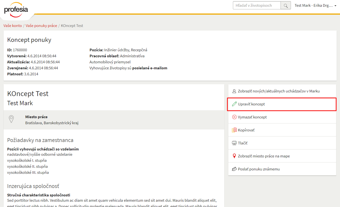 Upraviť koncept pracovnej ponuky - Profesia.sk